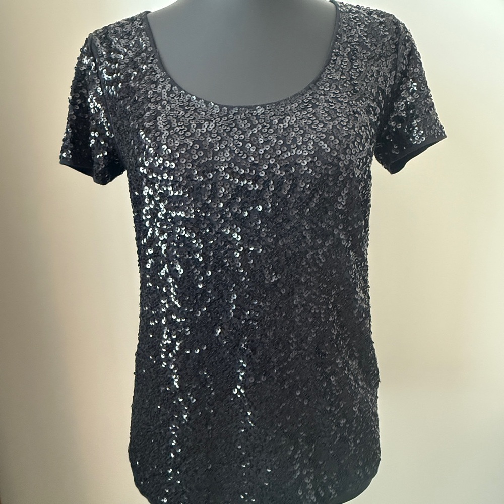 J. Crew Black Sequin Short Sleeve Top Scoop Neck NWT Size S